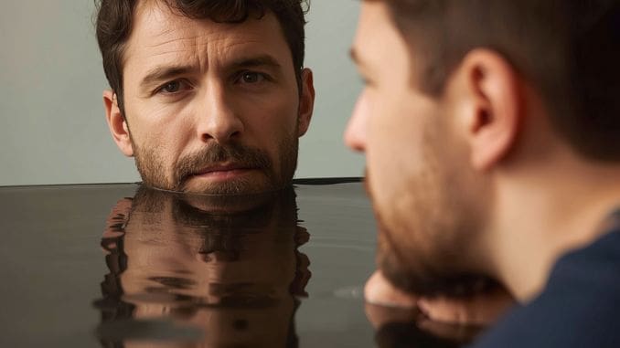 man looking at reflection in mirror of different parts
