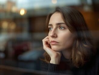 Person sitting alone in quiet reflection by a window, representing unexplained unhappiness in an otherwise stable relationship