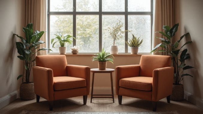 Two armchairs in a warm, sunlit Chicago therapy office offering queer affirming care